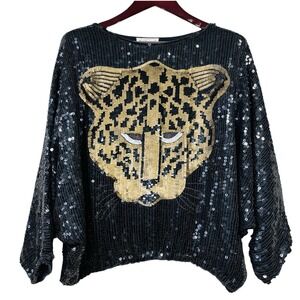 Vtg Raiment Fashions Full Sequin Silk Top Dolman Majestic Cheetah Jaguar Gala
